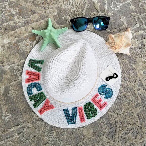White Straw Hat with Colorful 'Vacay Vibes' Embroidery - Picture 3 of 8